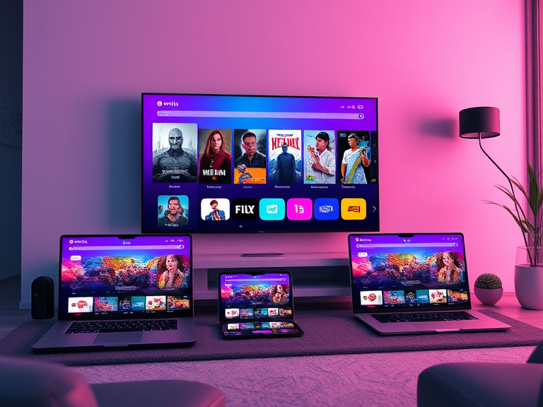 A collection of devices including a smart TV, laptop, smartphone, and tablet, each showing vibrant streaming interfaces, placed in a minimalist modern home setup with a sleek design.