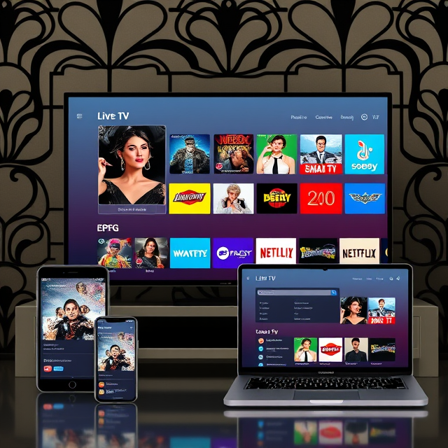 A collection of devices (smart TV, smartphone, tablet, laptop) displaying IPTV Nova Stream’s Catch-Up and EPG interface. The screen showcases live TV options, with a minimalist and sleek design.