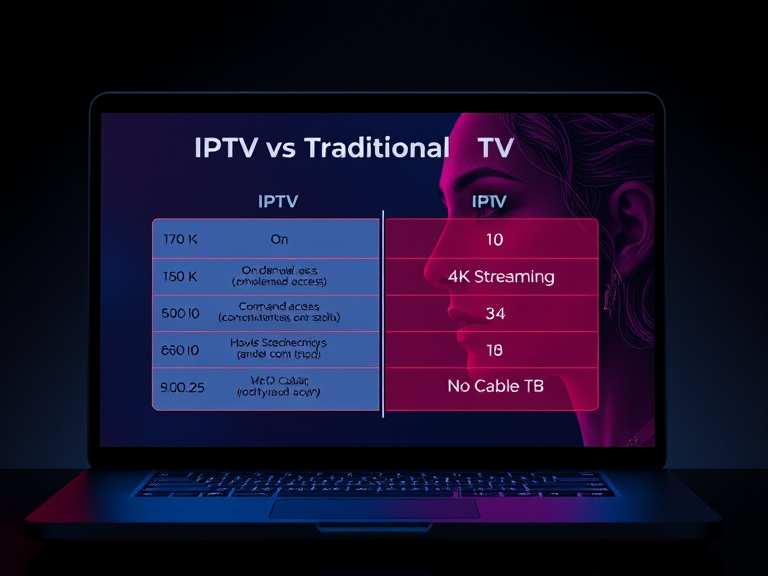 A comparison chart displayed on a laptop screen, contrasting 'IPTV vs Traditional TV,' highlighting advantages like 'On-Demand Access,' '4K Streaming,' and 'No Cable Required.