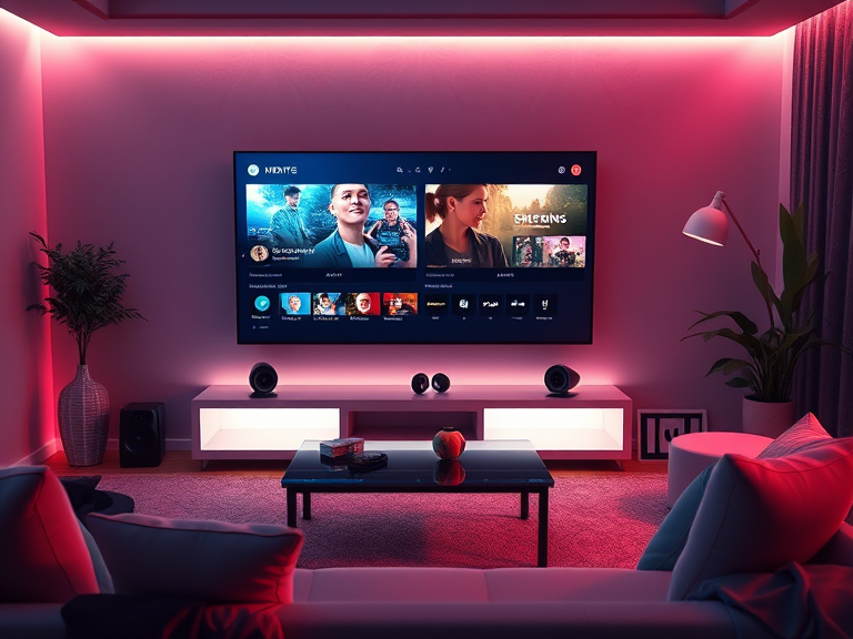 A cozy modern living room setup featuring a smart TV with two streaming interfaces displayed, accompanied by a coffee table, remote, and dimly lit background for a relaxing streaming atmosphere