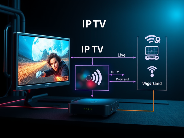 A diagram showing IPTV content delivery through broadband or fiber-optic internet, highlighting live TV and on-demand services. Include a computer or set-top box and a wireless connection symbol.