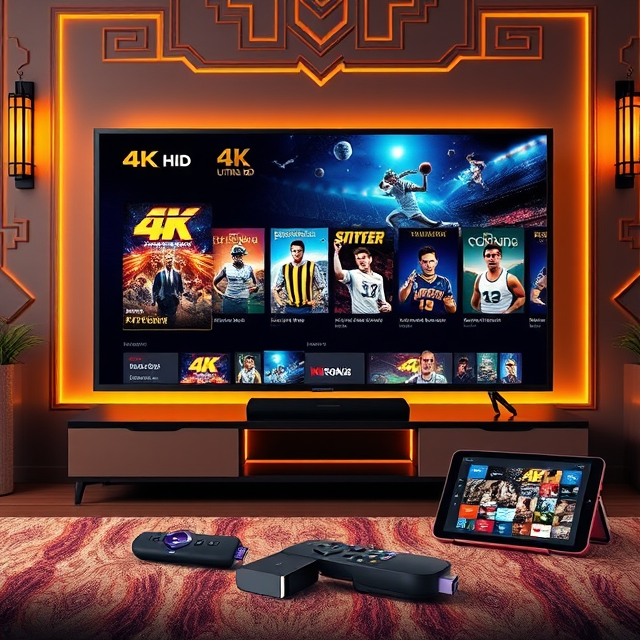 A glowing 4K Ultra HD TV screen showing vivid movie and sports content with high resolution detail. Surrounding the screen are streaming devices like Firestick Roku and a tablet