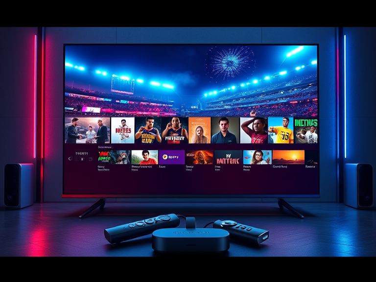 A glowing 4K Ultra HD TV screen showing vivid movie and sports content, with streaming devices like Firestick, Roku, and Chromecast surrounding it, representing IPTV Nova Stream's wide compatibility.