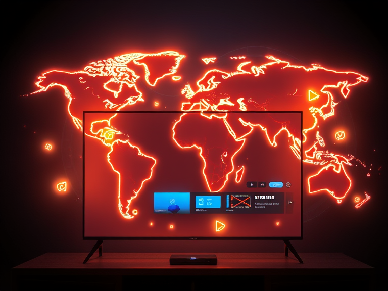 A glowing world map with streaming icons like play buttons and movie reels scattered across continents, symbolizing global accessibility, with a smart TV in the foreground showcasing two active streaming interfaces