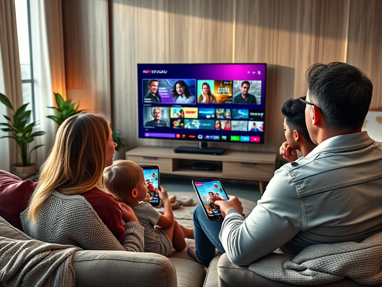 A happy family watching IPTV Nova Stream on a smart TV in a cozy living room, with multiple devices (phone, tablet, TV) showing streaming content. Include icons for 4K Ultra HD and diverse channels, emphasizing convenience and value.