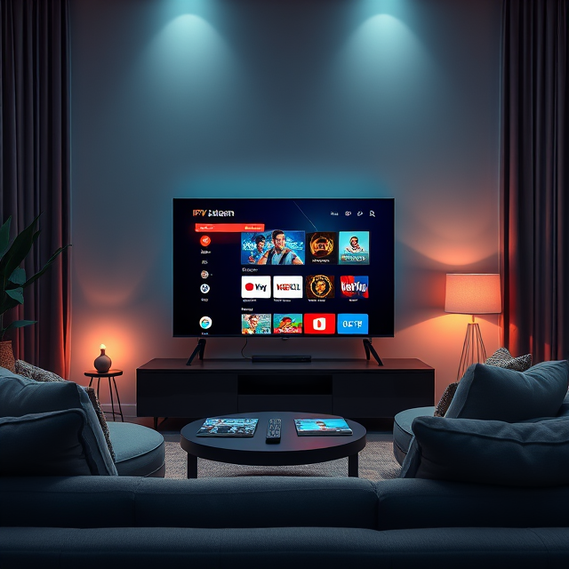 A modern living room setup with a smart TV displaying IPTV Nova Stream’s interface, showing 60,000+ TV channels. The background includes a cozy couch, remote, and soft lighting, symbolizing comfortable and flexible streaming