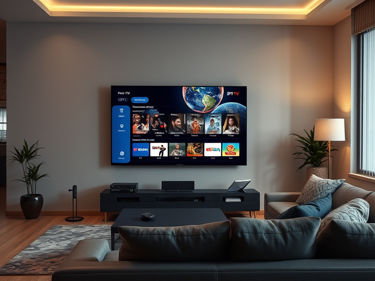 A modern living room setup with a smart TV displaying IPTV Nova Stream’s interface, showing global TV channels and 4K Ultra HD content. The background includes a cozy couch, remote, and soft lighting, symbolizing comfortable and flexible streaming.