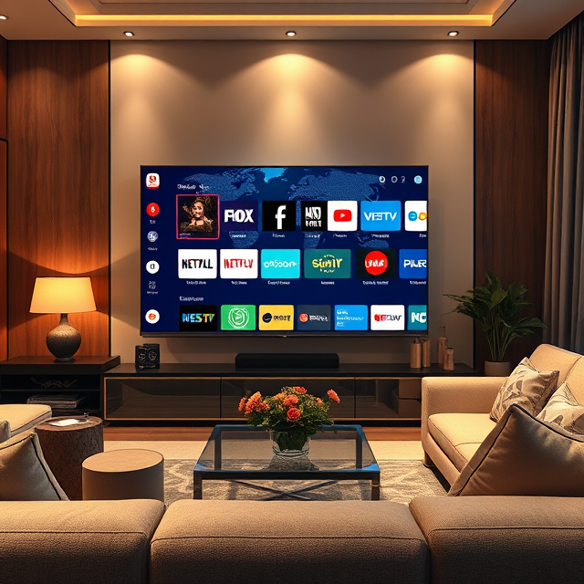 A modern living room with a smart TV displaying IPTV Nova Stream’s interface, showing diverse global channels. The background features cozy furniture and warm lighting, symbolizing the convenience of IPTV streaming.