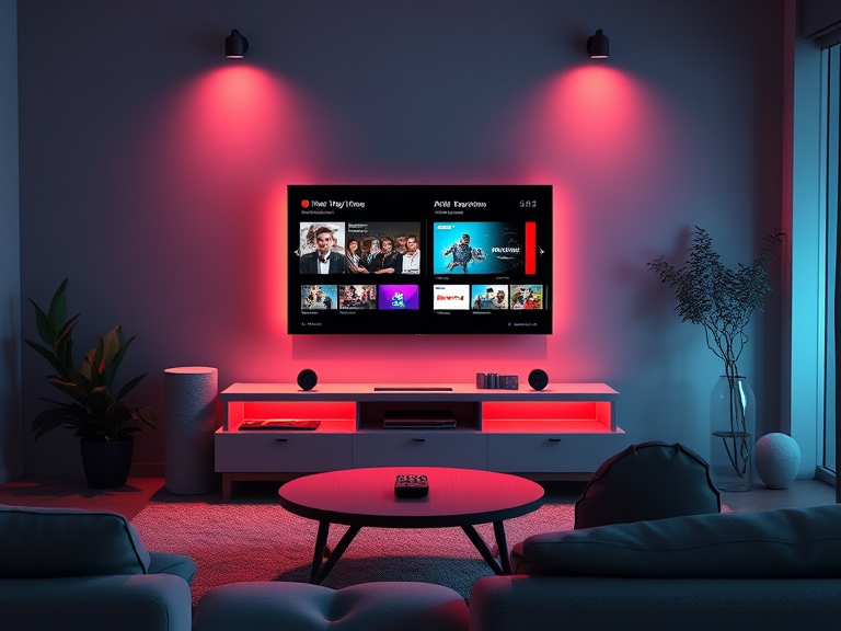 A modern living room with a smart TV displaying two active streaming interfaces. The setup includes a cozy couch, .