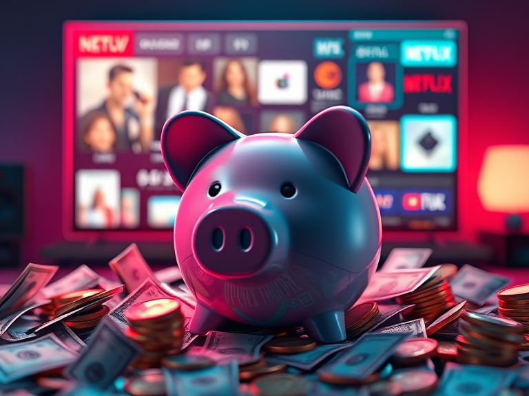 A piggy bank surrounded by dollar bills and coins with a glowing smart TV and streaming icons in the background. The image represents affordability and value without including any textual elements.