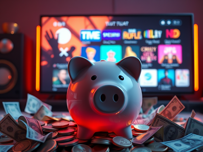 A piggy bank surrounded by dollar bills and coins, with a glowing smart TV in the background displaying vibrant streaming icons, representing affordability and value in streaming services.