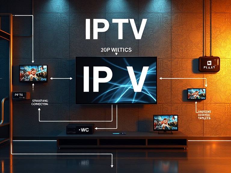 A simple graphic explaining how IPTV works, showing internet protocol delivery, broadband connections, and content streaming to devices like smart TVs, smartphones, and tablets.