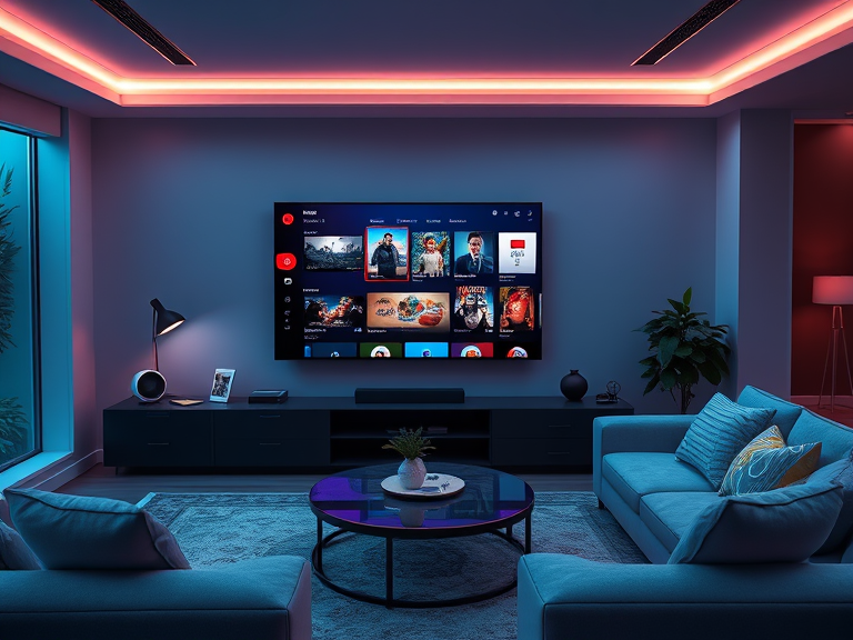 A sleek living room with a smart TV displaying IPTV Nova Stream’s interface, showing a mix of live TV, movies, and on-demand content with a cozy setup and minimalistic design.