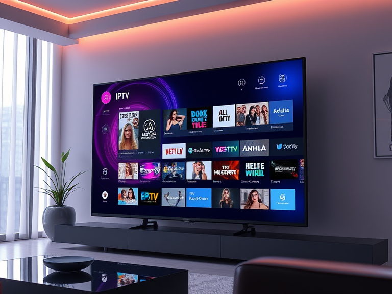 A sleek smart TV displaying an IPTV interface with various categories, including channels, in a modern living room, showcasing 4K Ultra HD streaming quality.