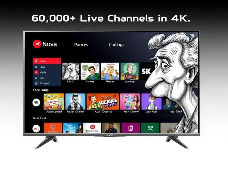 A sleek smart TV displaying the IPTV Nova Stream interface with categories like 'Live TV,' 'Movies,' and 'Channels' highlighted, and a banner at the top reading '60,000+ Live Channels in 4K.