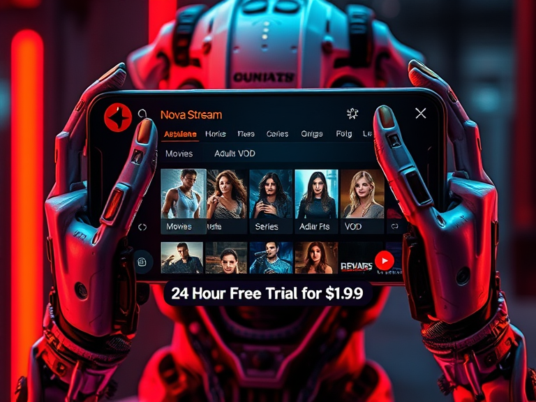 A smartphone screen showing the IPTV Nova Stream app interface with clear tabs for 'Movies,' 'Series,' and ' VOD,' and a banner below reading '24-Hour Free Trial for $1.99.