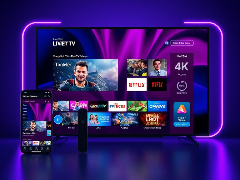 A smartphone, tablet, and smart TV all displaying IPTV Nova Stream content, with a focus on live TV and 4K streaming, showing the compatibility across different devices.