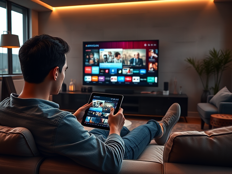 A user enjoying IPTV Nova Stream on a tablet sitting comfortably in a stylish living room with the TV screen in the background displaying live TV channels and a smooth streaming interface