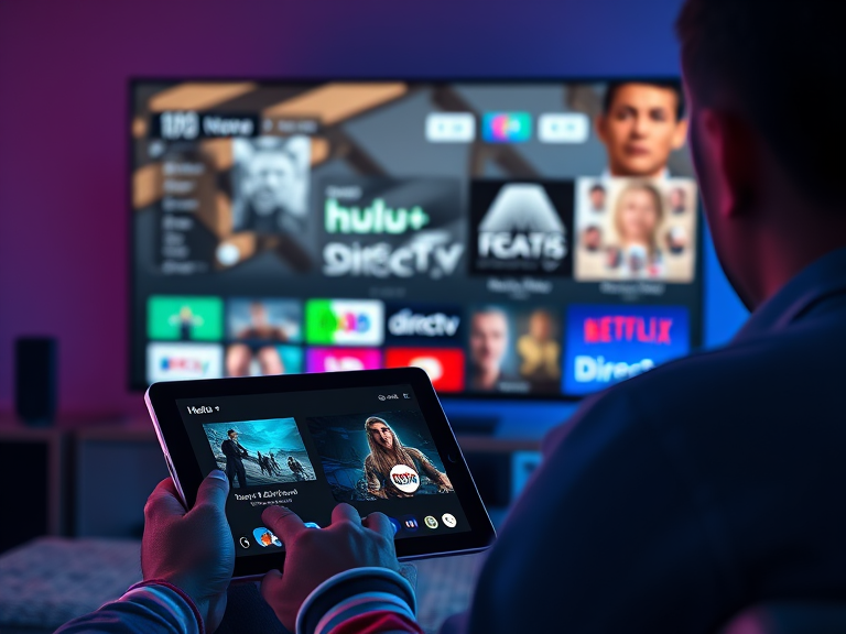 A user watching IPTV Nova Stream on a tablet with a background of a smart TV showing Hulu+ and Directv Streaming on the same screen, emphasizing the transition from traditional services to IPTV