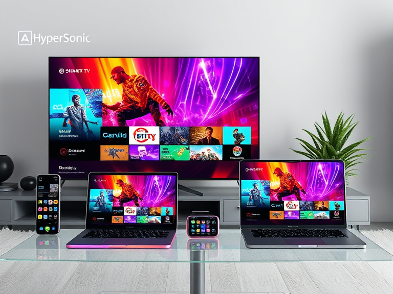 A variety of devices, including a smart TV, laptop, smartphone, and tablet, each displaying vibrant streaming interfaces. The devices are placed on a modern home setup, with a minimalist and sleek design.