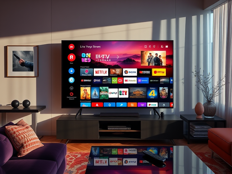 A vibrant image showing a smart TV displaying IPTV Nova Stream’s interface with a mix of live TV channels, movies, and 4K Ultra HD content. The living room setting is cozy with a coffee table and remote.