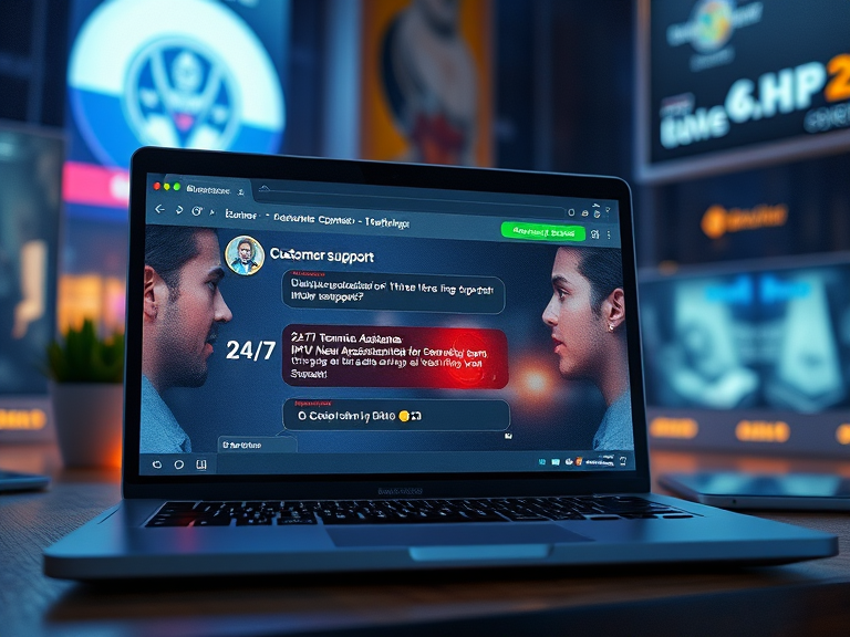 An image of a customer support chat on a laptop screen with the message 24 7 Technical Assistance for IPTV Nova Stream  displayed prominently at the top