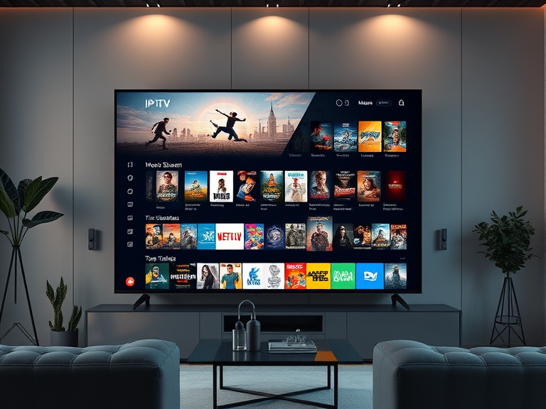 An image showing a large flat-screen TV displaying IPTV Nova Stream’s movie and series library. The background includes a minimalist setup with soft lighting and a cozy atmosphere, emphasizing high-quality content.