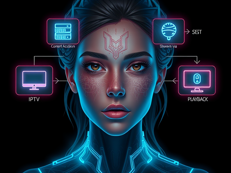 explaining how IPTV works, featuring labeled steps like 'Content Acquisition,' 'Encoding and Compression,' 'Streaming via Internet,' and 'Device Playback,' with icons for servers, streams, and devices like smart TVs and smartphones.