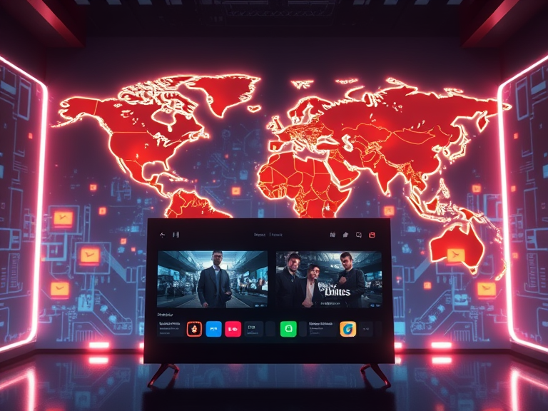 glowing world map with streaming icons like play buttons and movie reels scattered across continents, symbolizing global accessibility