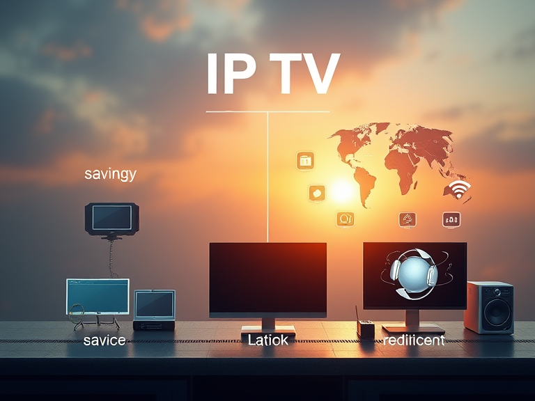 image comparing IPTV’s advantages (cost-effectiveness, flexibility, content variety) to traditional cable, with icons representing savings, devices, and global content.