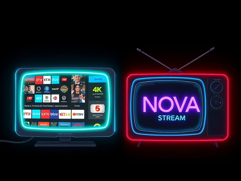 traditional cable TV and IPTV Nova Stream with features like 60000 channels 4K Ultra HD AntiFreeze Technology and affordability displayed side by side for easy comparison