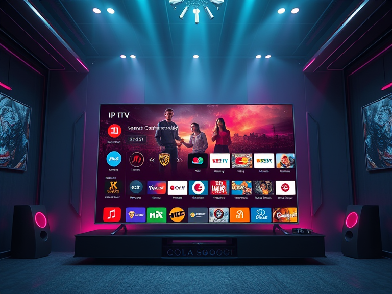 A vibrant visual showing the features of IPTV Nova Stream—over 60,000 channels, 4K Ultra HD quality, and Catch-Up/EPG. Include icons of live TV, movies, and sports, with a sleek TV interface in the center