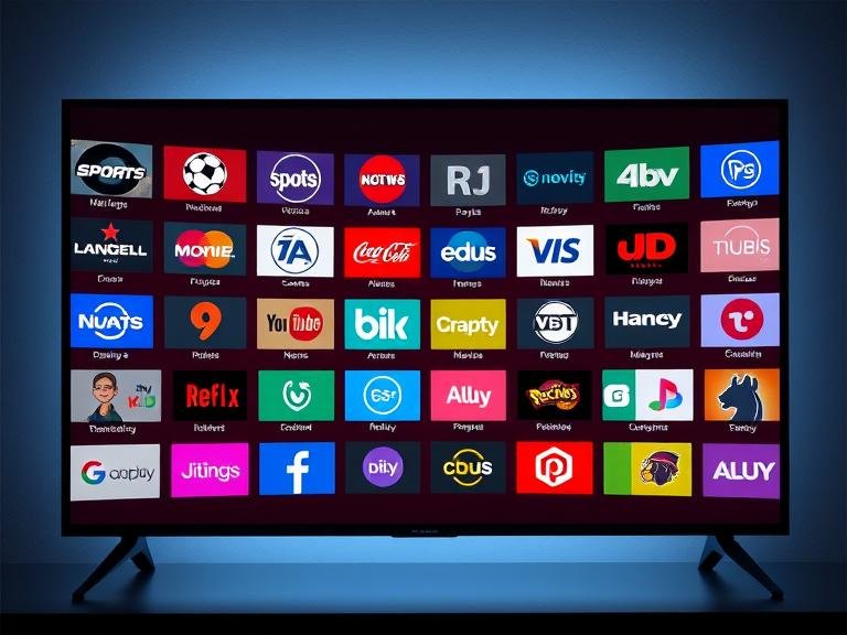 A television screen displaying a grid of diverse channel logos, including sports, movies, and news.